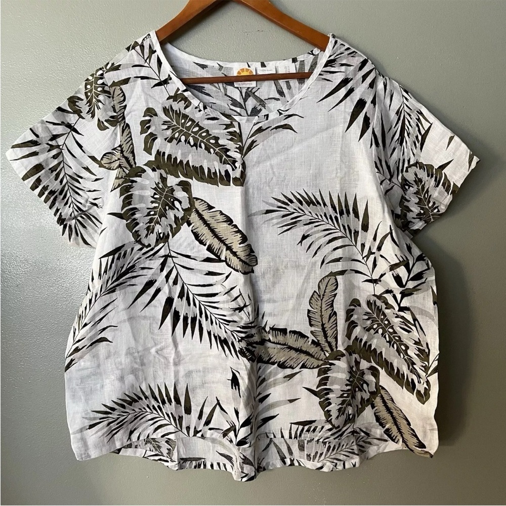 CC California Womens Bobo 100% Linen Top Boxy Leaves Print White Green 1 X